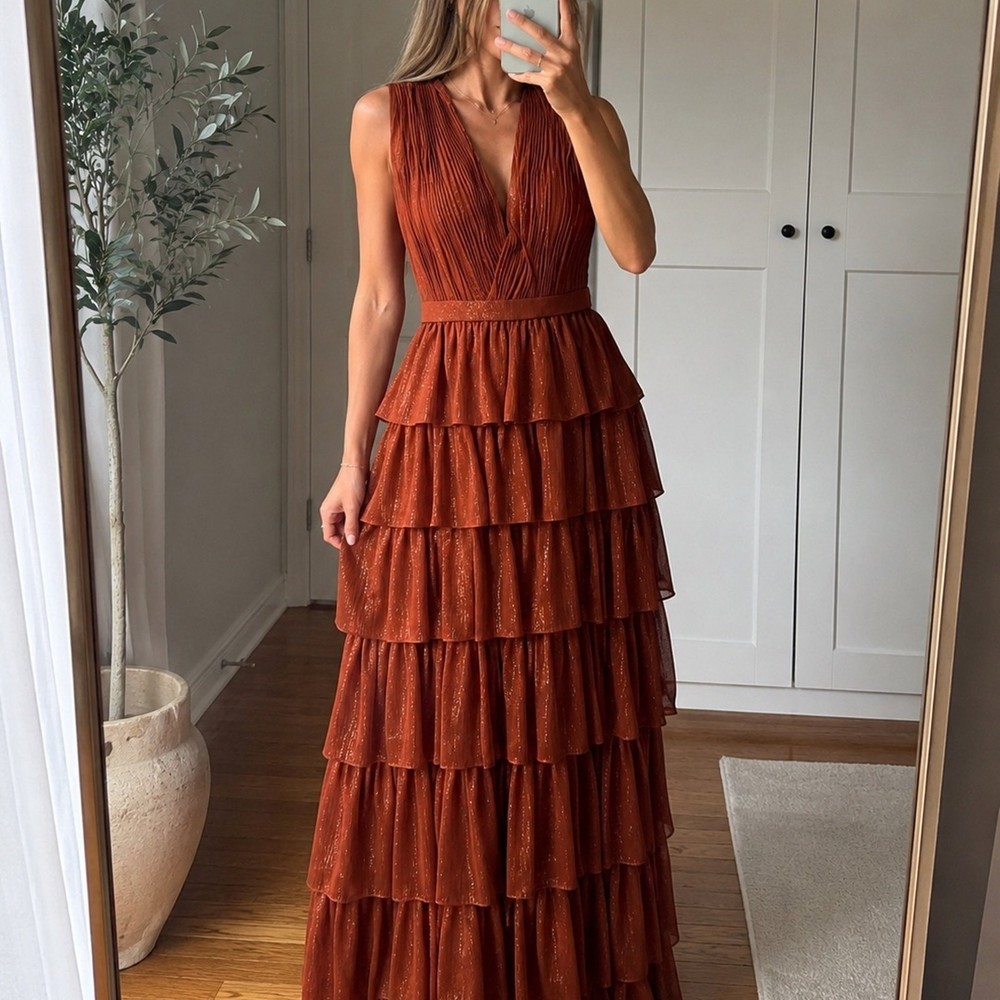 IEENA by Mac Duggal Rust Copper Metallic Tiered Ruffle Maxi Gown Size 4 NWT