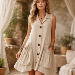 For Cynthia Linen Blend Boho Dress Lagenlook Cottaecore Coastal Large Pockets