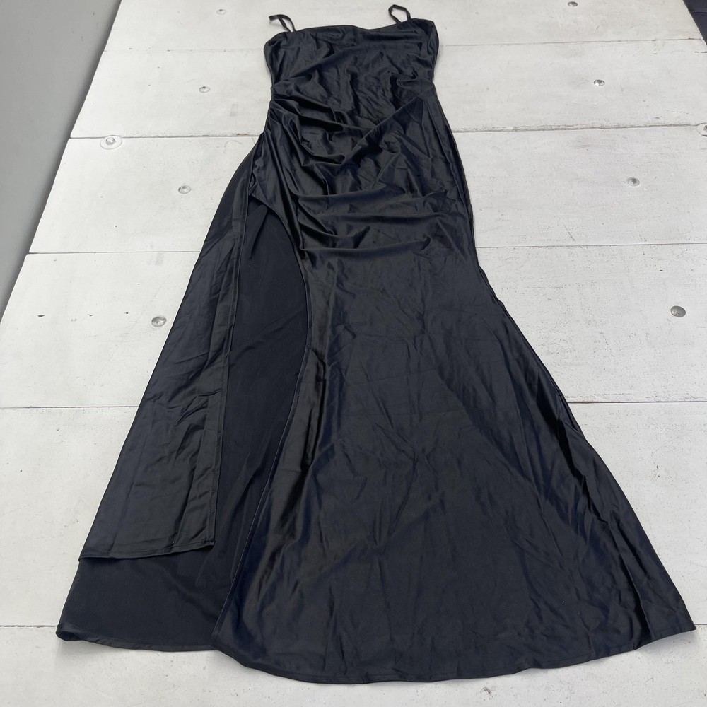 MEMORIESEA Dress Womens S Black Satin Ruched Bodycon Maxi Spaghetti Strap Gown