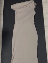 Off Shoulder Ruched Stretch Bodycon Maxi Dress, Beige Solid Jersey, Size XXS