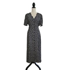 Vintage 90s Black Floral Button Front Tie-Back Midi Dress Size L Retro Grunge