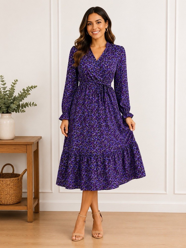 Purple Floral Midi Dress Women’s Small Long Sleeve Elastic Waist Boho