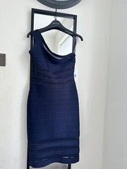 Herve Leger Navy Blue Knit & Mesh Insert One Shoulder Lara Bandage Dress M 10 12