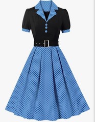 Women&rsquo;s 1950s Retro Polka Dot Swing Dress Blue Black Rockabilly Pin Up Sz S