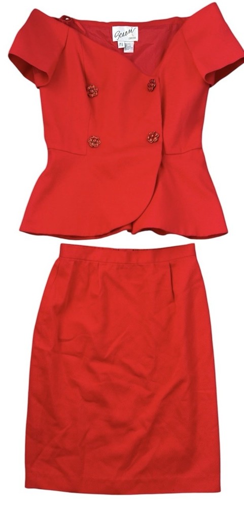 Scaasi Dress Coral Off Shoulder Vintage 2 Piece Top And Skirt Women’s Size 10