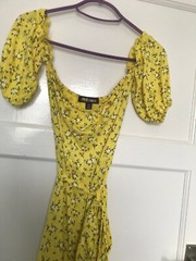 Pink Vanilla Yellow Floral Ditsy Off Shoulder Dress Tie Back UK Size 8 Gypsy