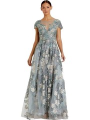 Mac Duggal 20294 Floral Embroidered Short Cap Sleeve Gown Seamist Size 14 NWT