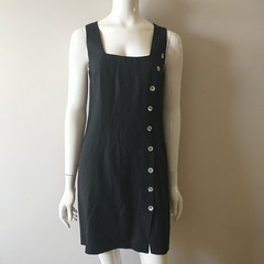 Spiegel Shift Dress 6 Black Linen Blend Sleeveless Back Zip Button Career Office
