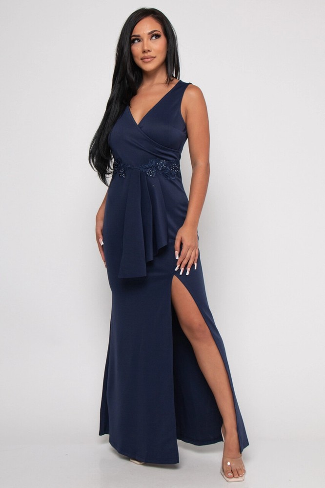 Navy Blue Wrap Ball Gown Maxi Dress Size Small Lace Floral Applique