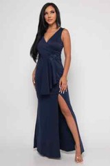 Navy Blue Wrap Ball Gown Maxi Dress Size Small Lace Floral Applique