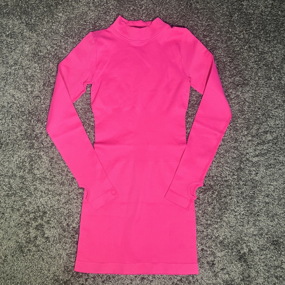 Hot Pink Oqq Tummy Control Long Sleeve Dress Thumb Holes Mock Turtleneck Small