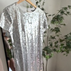 Express Silver Sequin Shift Dress Mid Thigh Length Party/Cocktail Short Sleeve M