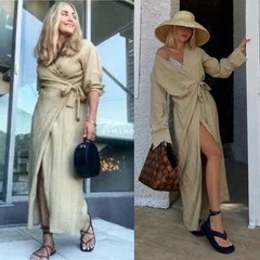 Zara Wrap Dress Fall Long Sleeve Textured Neutral Tan Midi Ankle Minimalist Med