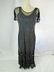 Barbara Katz Black Floral Embriodered Dress With Gray Silk Slip Size 10