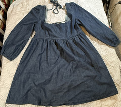 Mustard Seed Womens Medium Denim Square Neck Babydoll Dress Puff Sleeve NWT