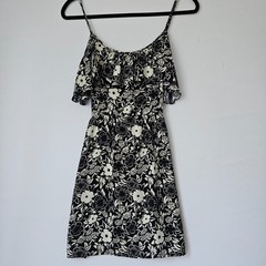 Hollister California Floral Ruffle Mini Dress Womens Small Black White Tie Back