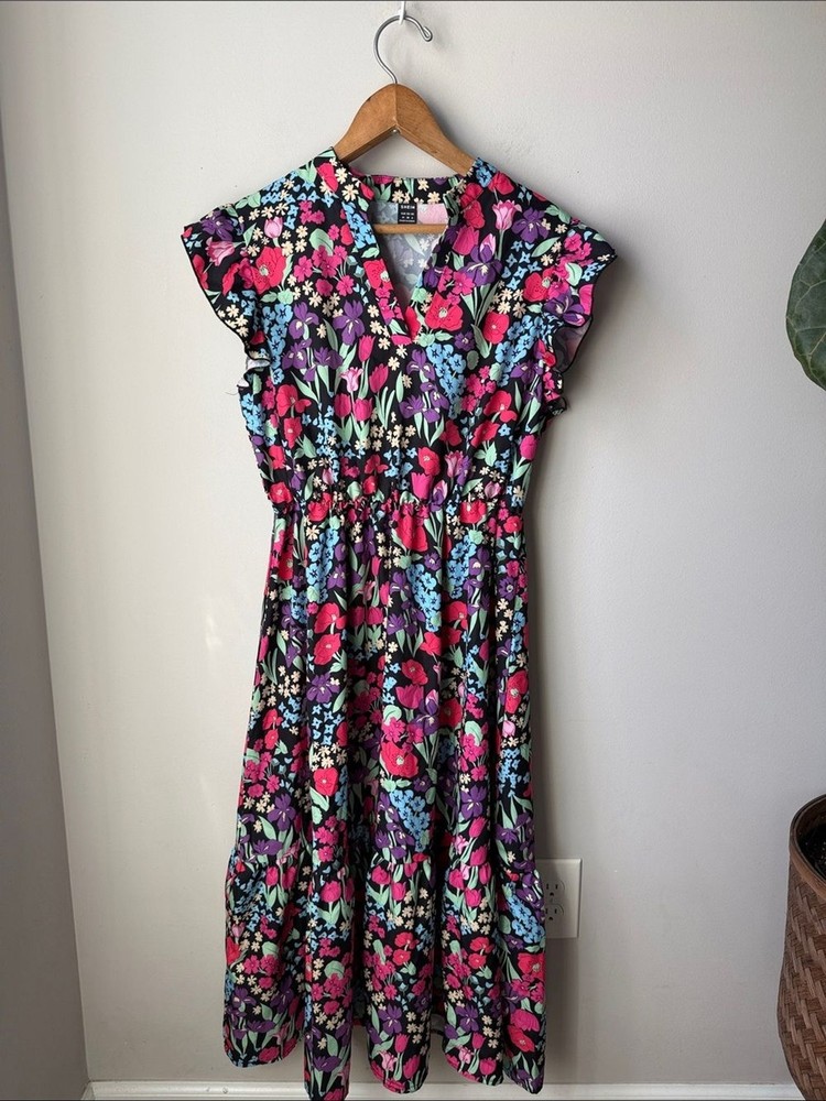 SHEIN Floral Flutter Sleeve Midi Dress Black Pink Blue Tiered Boho Cottagecore
