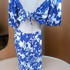 Hyacinth House Blue Floral Seaport Midi Dress Cut Out Back Romantic Puff Medium