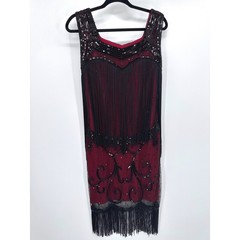 Flapper Sequin Great Gatsby 1920&rsquo;s Style Fringe Dress Large Red Black Sequin