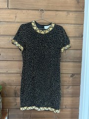 AJ Bari Mini Dress Size 12 Sequin 100% SILK Black and Gold Beaded Vintage