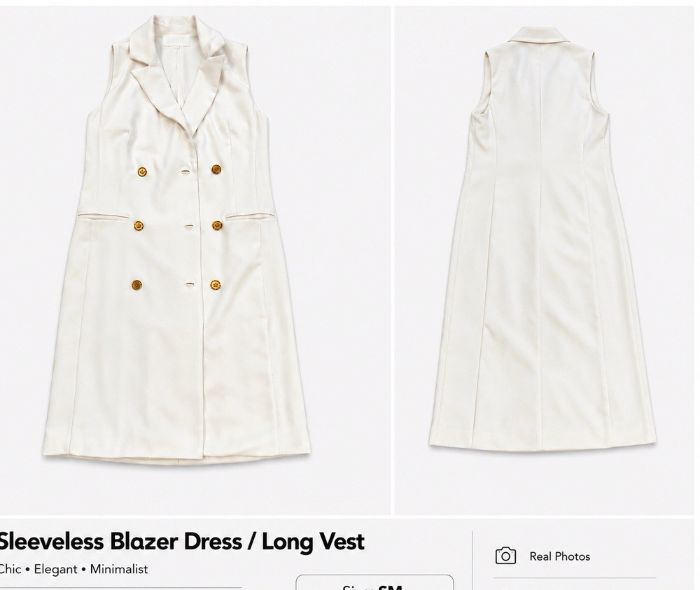 White White/Ivory Solid Long Blazer Dress, Collared Sleeveless Button SM