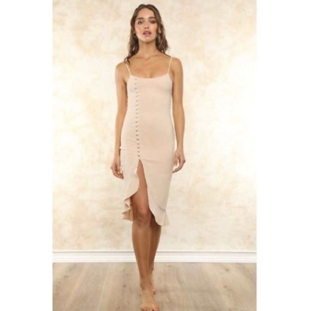 Fletch Stella Ribbed Midi Dress Button Detail Ruffle Slit Bodycon Size M