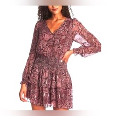 1. State Pink Snakeprint Smocked Double Tier Ruffle Dress. Sz S. NWT!