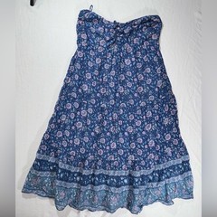 J.Crew Vintage Womens Midi Dress Blue Floral Block Print Strapless Size M Cotton