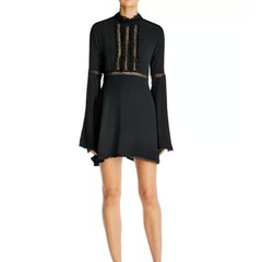 For Love & Lemons Willow Bell Sleeve Dress Black Crochet Lace Mini Dress XS
