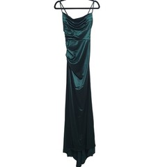 NEW B Darlin Green Satin Ruched Maxi Dress Spaghetti Straps Lace-Up Back Sz 5/6