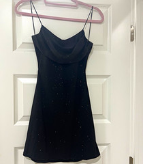 Women’s Black Spaghetti Strap Cowl Neck Mini Dress Rhinestone Glitter S Zip