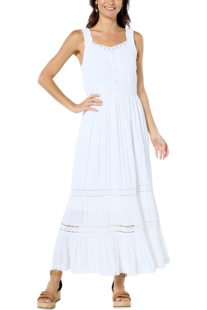 Antthony Smocked Back Ruffle Strap Sleeveless Maxi Dress White