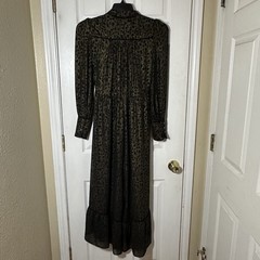 Black Gold Leopard Jumpsuit Tie Neck Long Sleeve Bow Button Ruffle Metallic