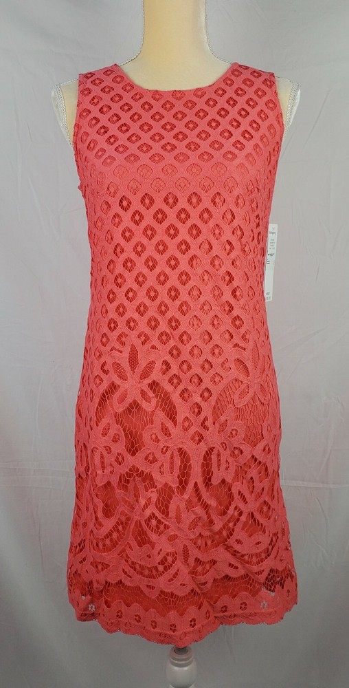 NWT Sharagano Women&rsquo;s Orange Lace Minimalist Sleeveless Dress sz 8 Petite