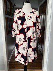 Sonoma Cotton Blend Red White Blue Floral Dress Size Large Button Front 3/4 Slv