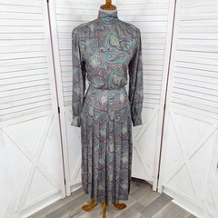Vintage J.G. Hook Maxi Dress Women 4 Green Multi Paisley Pleated Skirt Mock Neck
