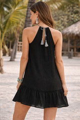 Boho Pom Pom Halter Dress Gauze Black Festival Flowy Tassel Lined L