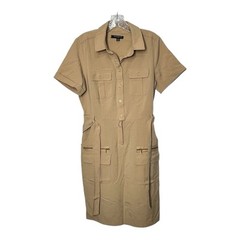 Sharagano Womens Size 10 Tan Collared Belted Shirt Dress Cargo Pockets