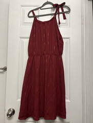 Burgundy Gold Metallic A-Line Sundress Round Neck Tie Strap Pullover M