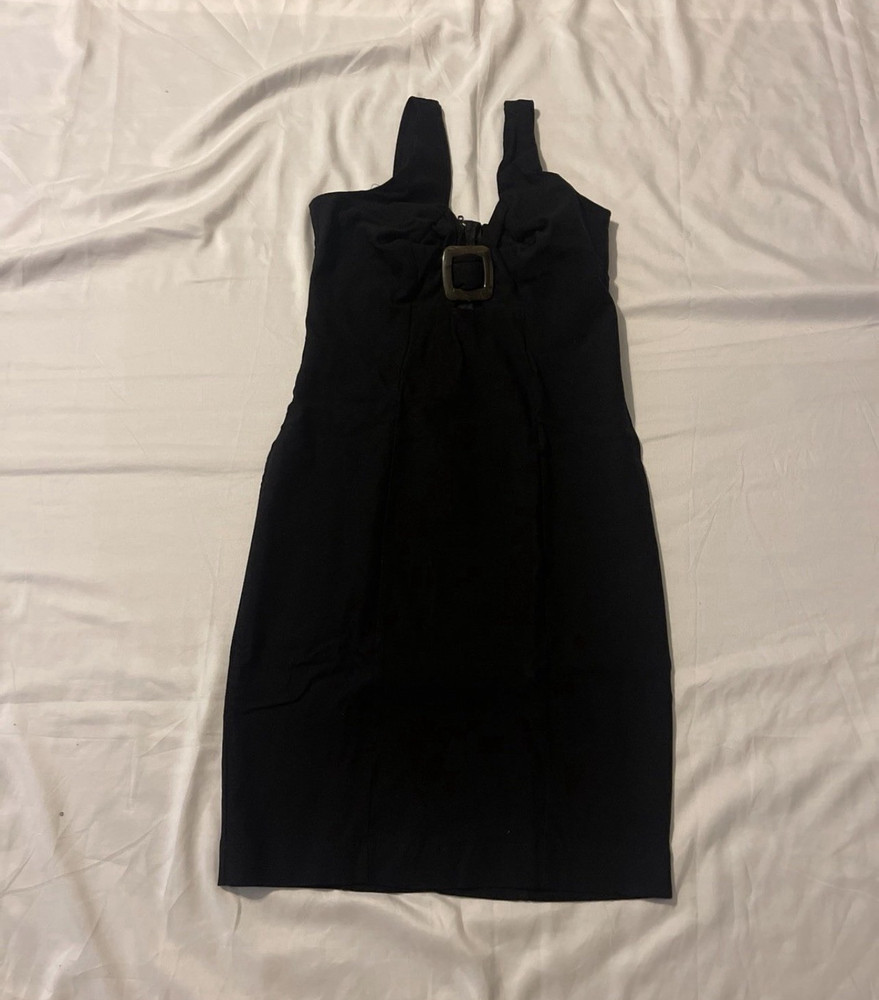 Black Solid Bodycon Knee Length Dress M Sleeveless Buckle Detail Zip Back