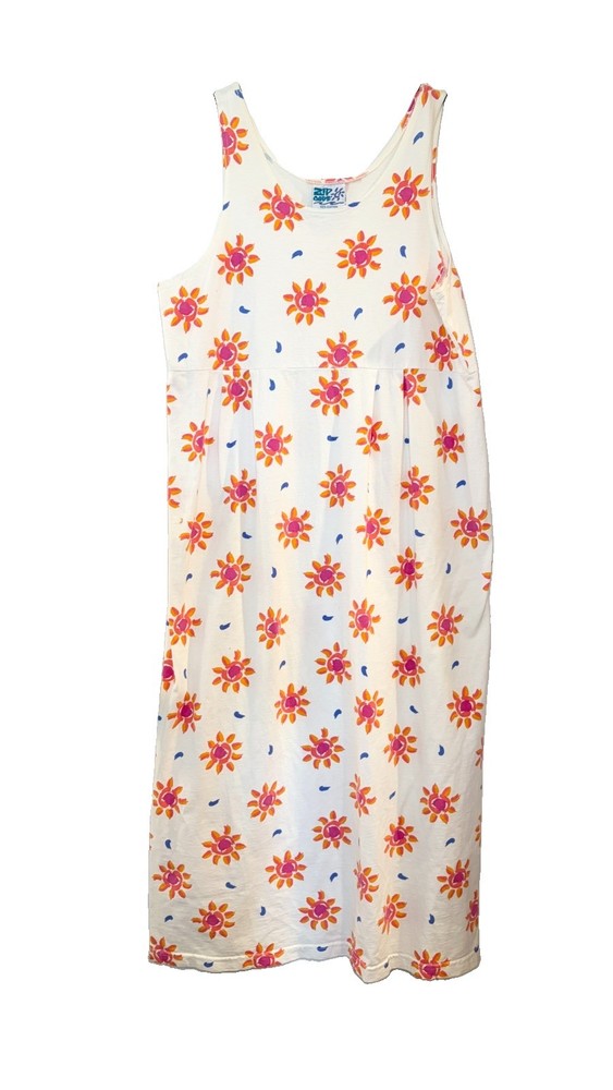 Vtg 90s Zip Code Pink Sun Print Maxi Dress Cotton Celestial Whimsical L