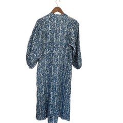 RAGA Blue White Block Print Midi Dress R5086 Long Balloon Sleeve Split Neck S