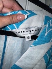 Trina Turk Aqua Blue Geometric Breezeway Tile Print Empire Waist Cotton Dress