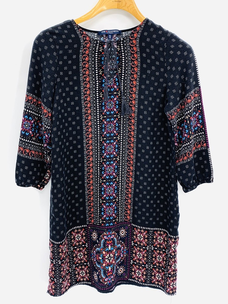 One Clothing Womens Medium Dress Black Paisley Tribal Geometric Print 3/4 Sleeve
