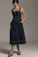 Pilcro Anthropologie Square Neck Bustier Midi Dress Black Onyx XL NWT $178