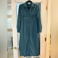 Cloth & Stone Anthropologie Teal Blue Shirt Dress | Large | Frayed Hem | Lyocell