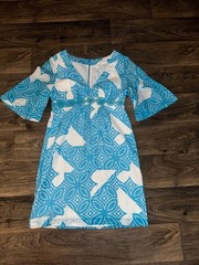 Trina Turk Aqua Blue Geometric Breezeway Tile Print Empire Waist Cotton Dress
