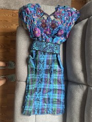 Guatemala Corte Dress Embroidered Floral Long Blue Stripe/and Belts
