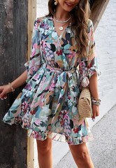 Women Mini Dress, Deep V-Neck Long Sleeve Waist Tie Ruffle Green Dress, Size M