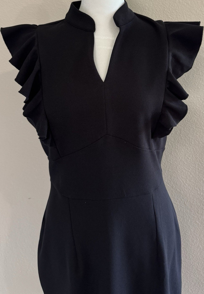 MIUSOL Black V-Neck Ruffle Flutter Sleeve Sheath Knee Dress Zip Stretch L
